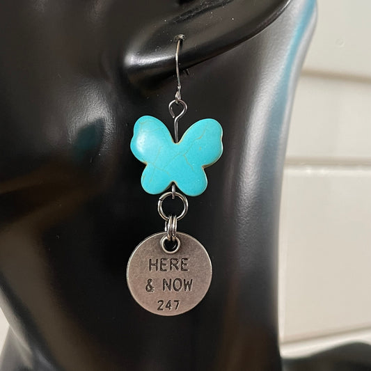Handmade Blue Marbled Magnesite Butterfly Motivational Saying Statement Earrings Light Here Now Inspiration Positive Gift Everyday Fashion Jewelry
