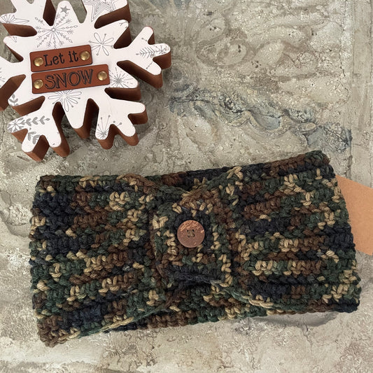 Extra Wide Camouflage Ear Warmer Wood Button Accent 22.25" Fall Winter Outdoor Headband Hand Crocheted Knit