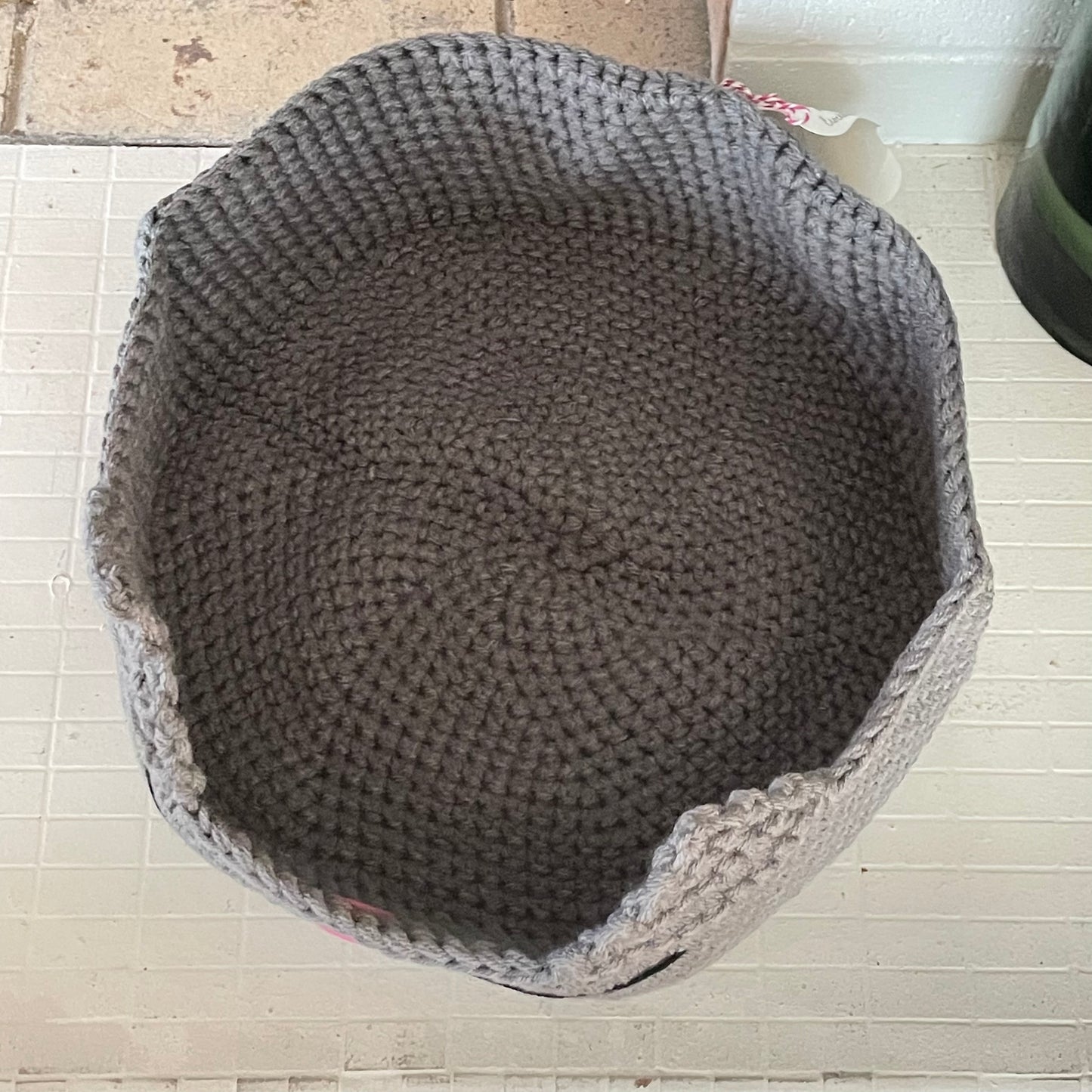 Medium Cat Bed in Gray Grey & Pink Nose 13.5" Hand Crocheted Pet Furbaby Gift Cat Mom Dad Knit Animal Lover