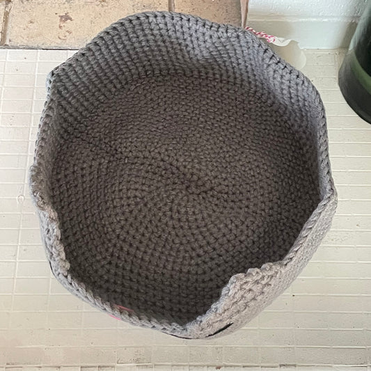 Medium Cat Bed in Gray Grey & Pink Nose 13.5" Hand Crocheted Pet Furbaby Gift Cat Mom Dad Knit Animal Lover