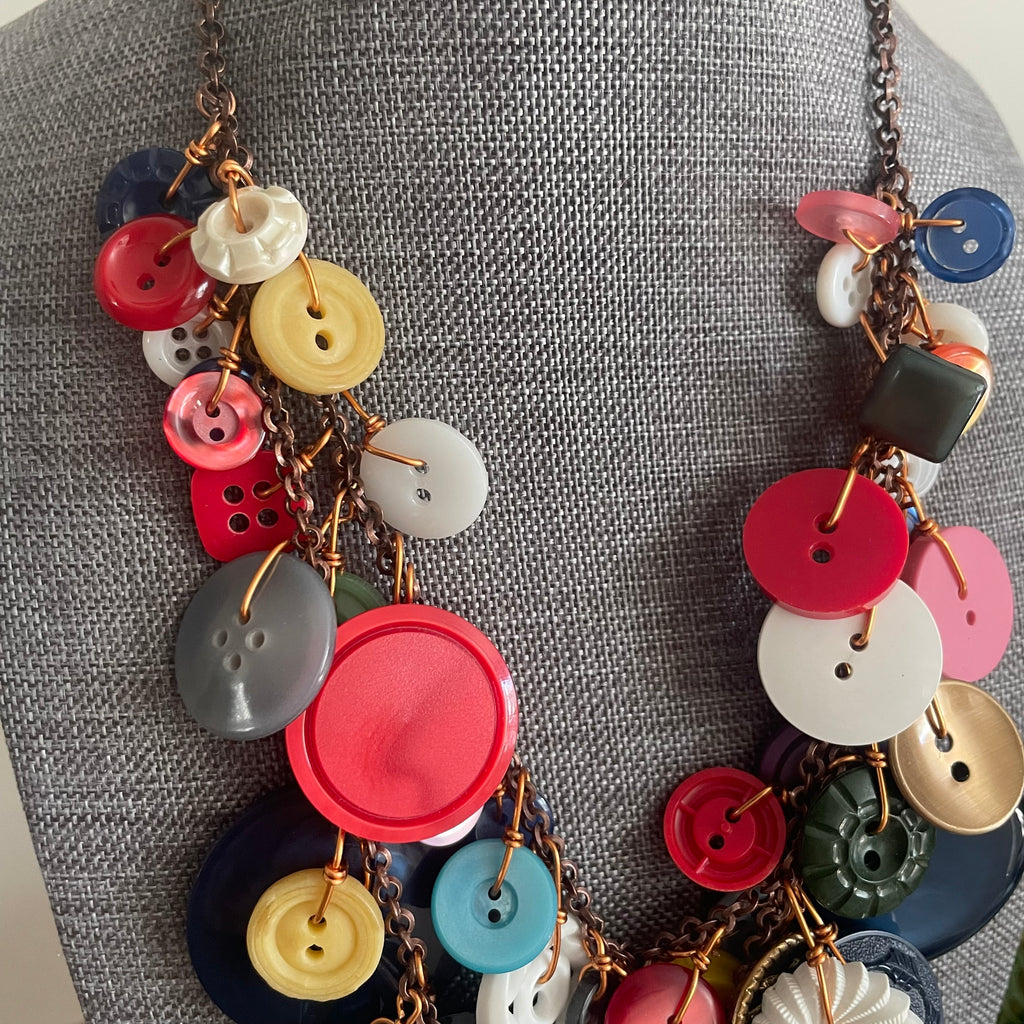 Layered Vintage Button Necklace Women's Statement Jewelry Copper Accents Drama Maximalist Handmade