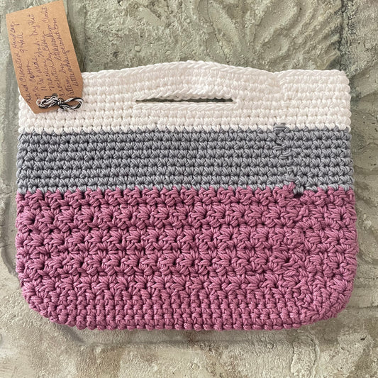 Colorblock Hand Crocheted Handled Purse Medium Knit Handbag Boho Minimalist Chic Cottagecore Violet White Gray 100% Cotton