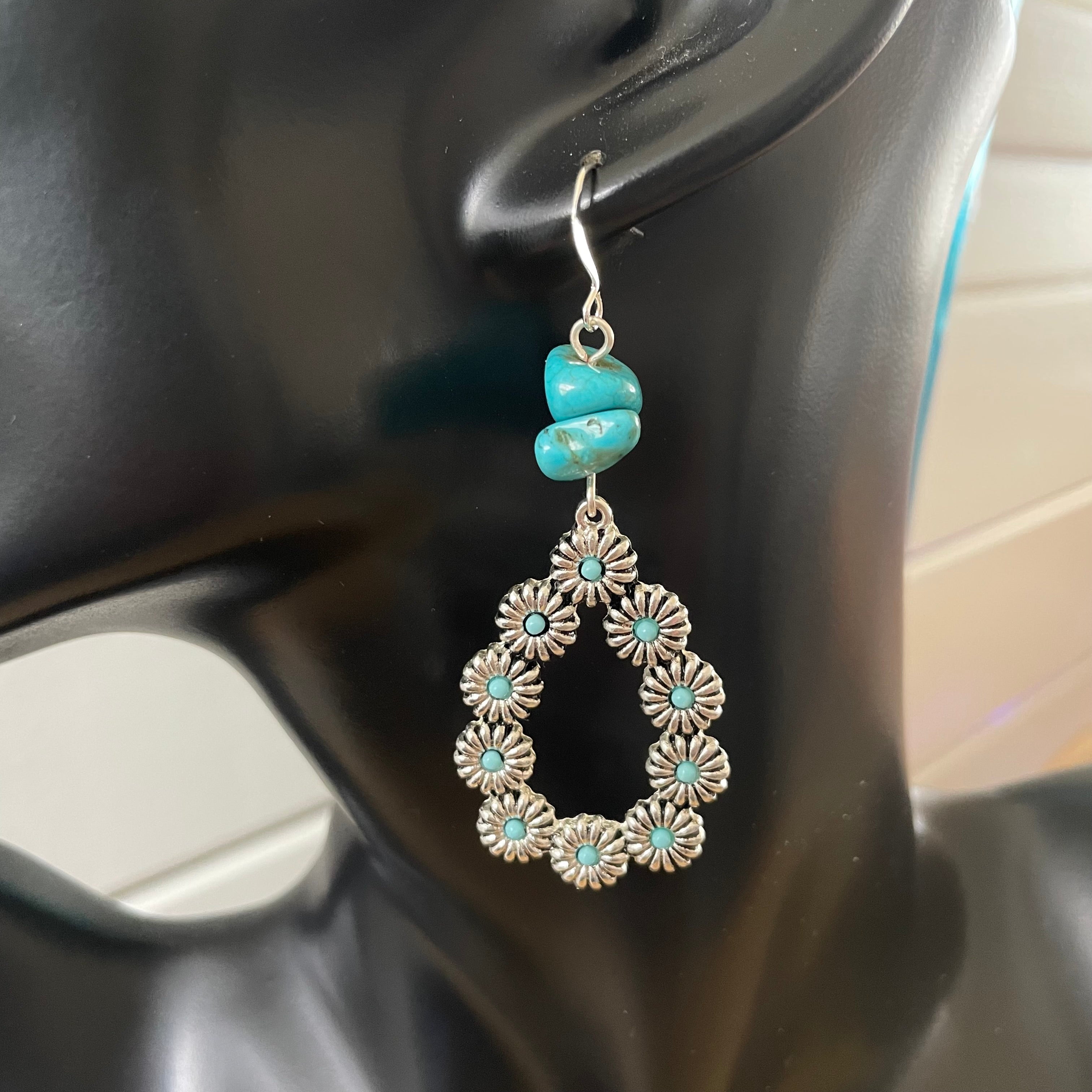 Dangling Floral Teardrop Hoop & Small Turquoise Nugget Earrings 3" Western Stamped Mixed Metal Blue Green Magnesite Handcrafted Women Gift Idea