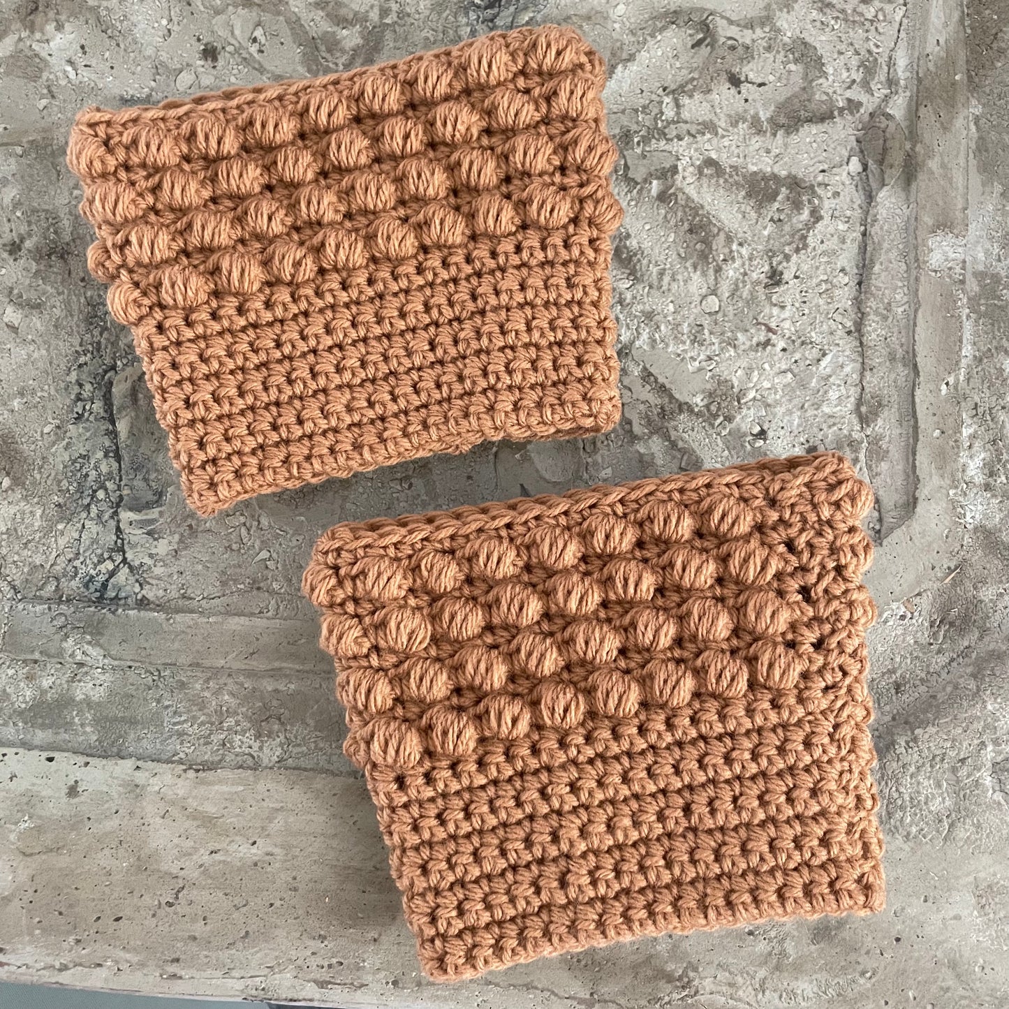Boot Cuffs in Brown Sugar Puff Stitch 12" Hand Crocheted Knit Fall Winter Hiking Indoor Outdoor Cozy Leg Warmers