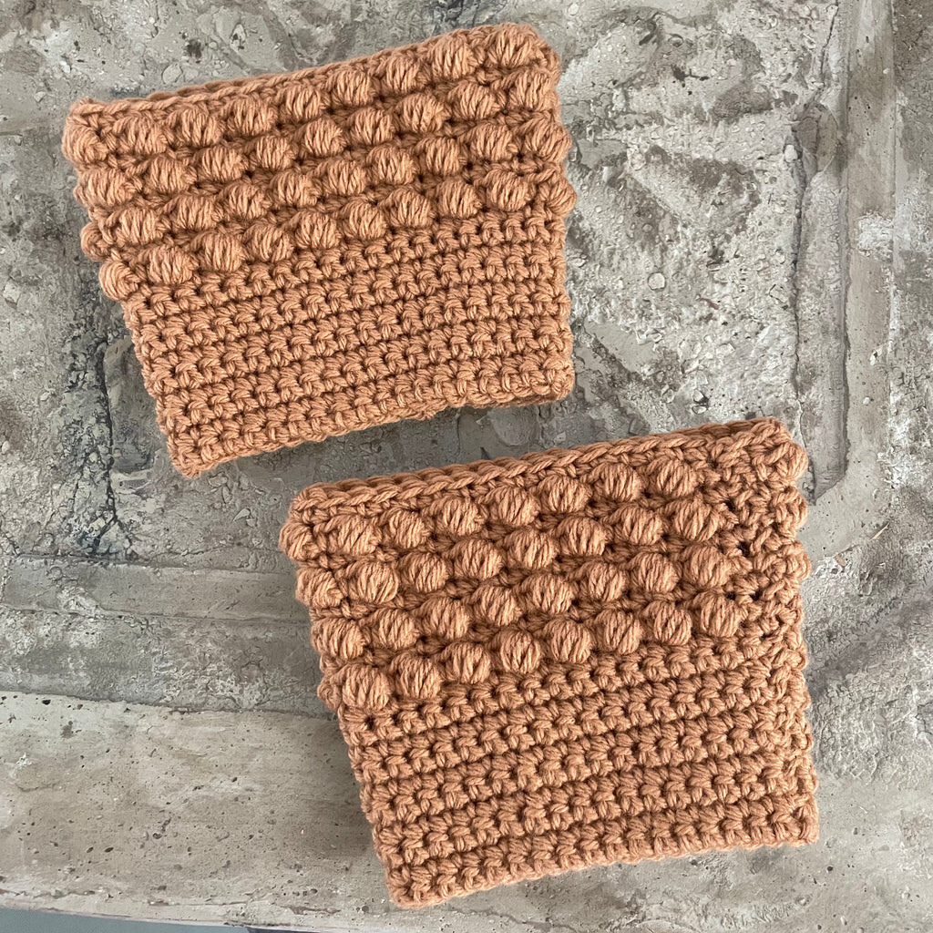 Boot Cuffs in Brown Sugar Puff Stitch 12" Hand Crocheted Knit Fall Winter Hiking Indoor Outdoor Cozy Leg Warmers Handmade Gift Accessory
