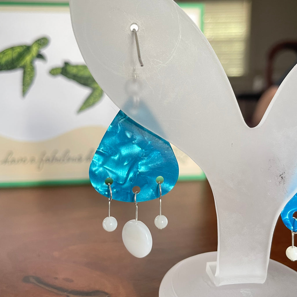Blue Guitar Pick White Glass Drop Earrings Fun Casual Women's Jewelry Upcycled Music Musician Gift Band 2.5"