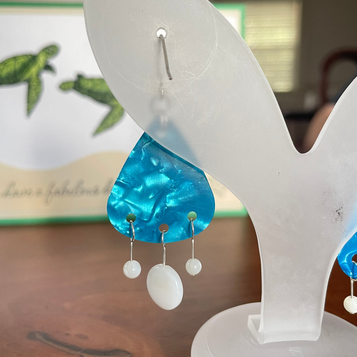 Blue Guitar Pick White Glass Drop Earrings Fun Casual Women's Jewelry Upcycled Music Musician Gift Band 2.5"