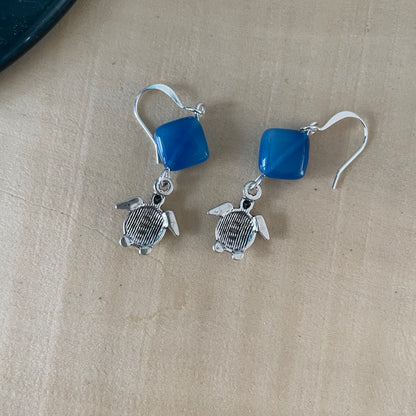 Handmade Blue Agate & Turtle Charm Earrings 1.75"  Geometric Ocean Sea Life Mixed Metal Minimalist Women Gift Everyday Fashion Jewelry