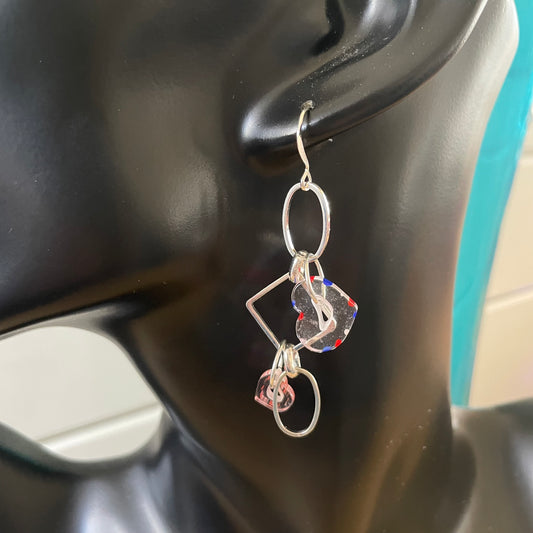 Handmade Cane Glass Heart Dangle Earrings 2.5" Geometric Clear Red Multicolor Valentine's Gift Idea Large Chain