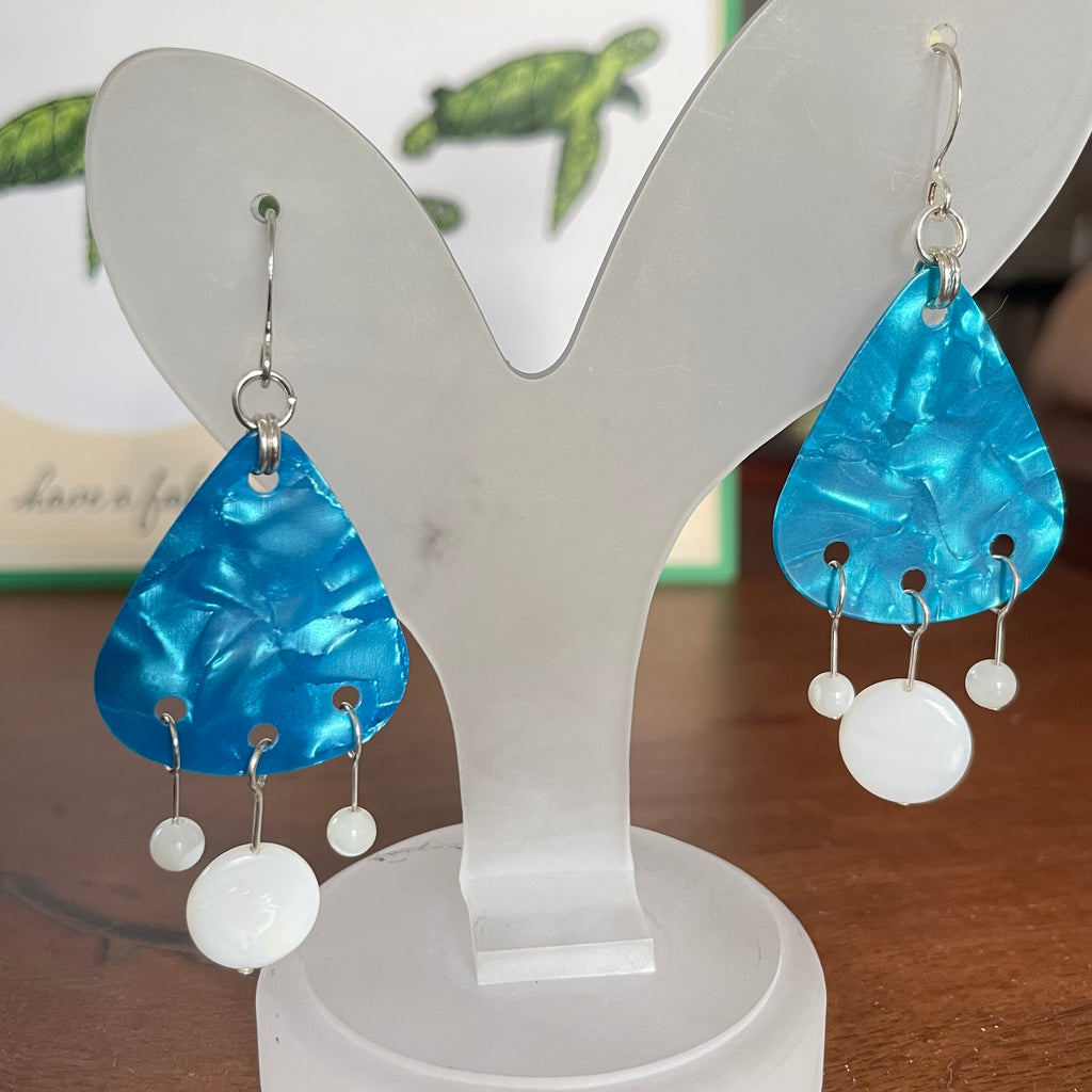 Blue Guitar Pick White Glass Drop Earrings Fun Casual Women's Jewelry Upcycled Music Musician Gift Band 2.5"