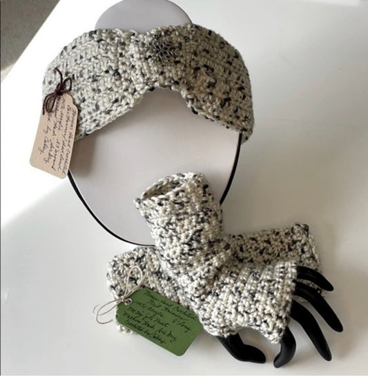 Extra Soft Gift Set Fingerless Gloves & Ear Warmers Speckled Ivory Snowflake Knit Fall Winter Handmade 2 Piece Crochet Accessory