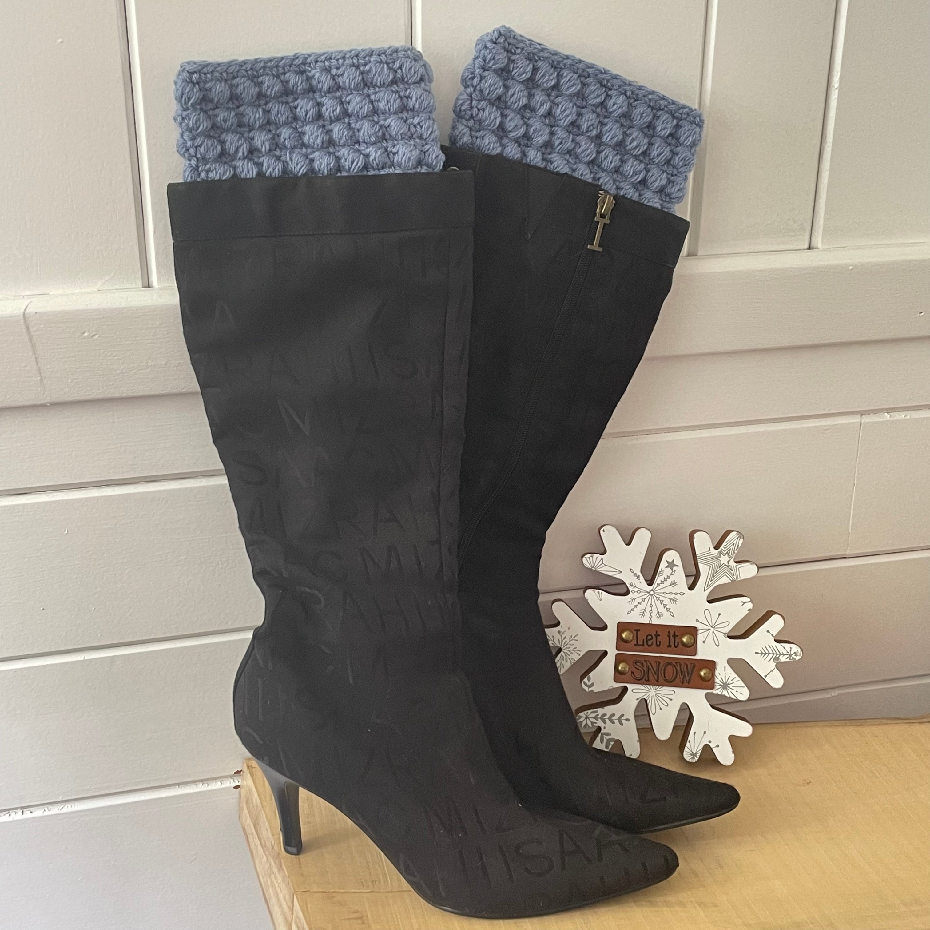 Boot Cuffs in Periwinkle Puff Stitch 12" Hand Crocheted Knit Fall Winter Hiking Indoor Outdoor Cozy Women Handmade Gift Accessory
