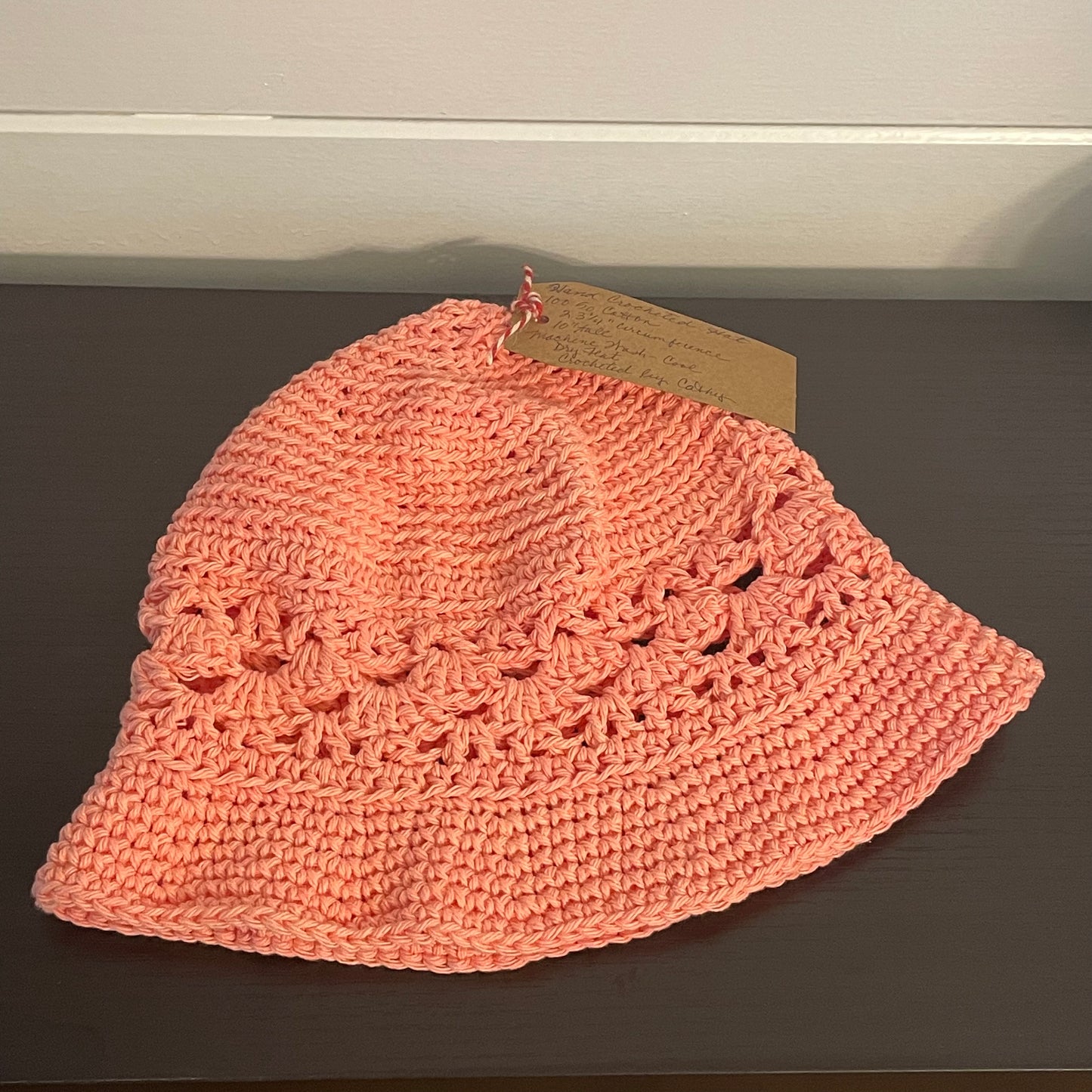 Peach Hand Crocheted Bucket Hat Vintage Retro Style 23.25" Outdoor Handmade Knit Sun Beach Floppy Brim Open Stitch Band Accent Pastel Cotton