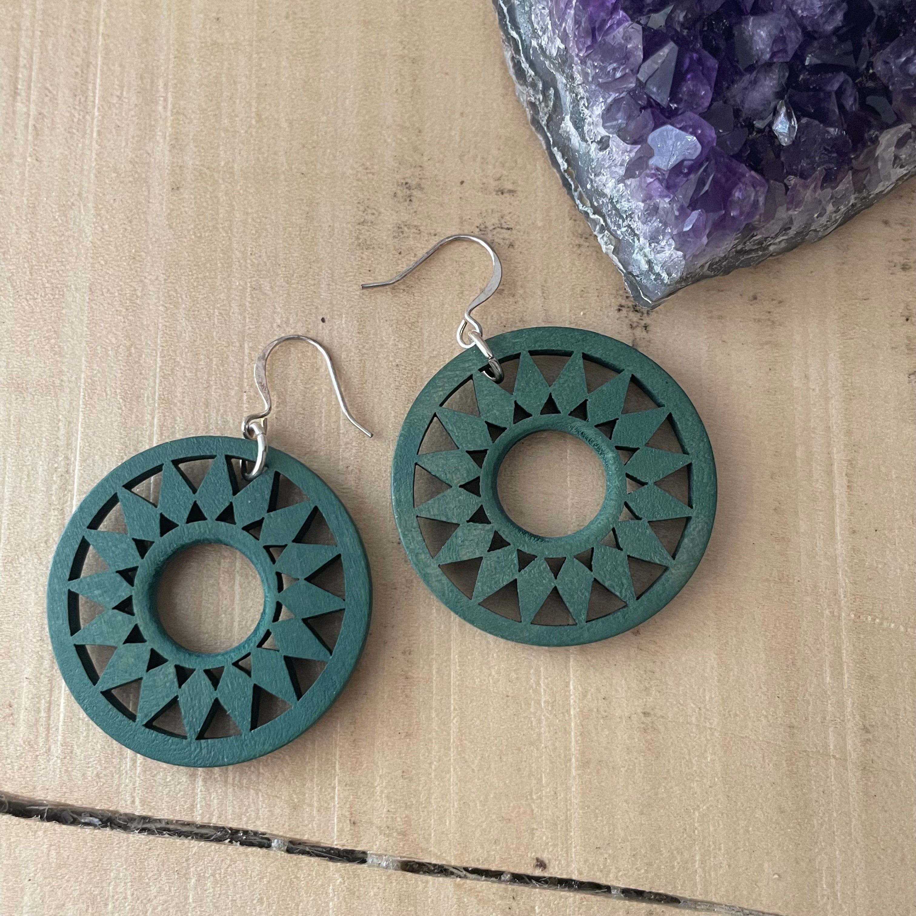 Large Dark Green Carved Wood Earrings 2" Handmade Lightweight Bold Statement Sunburst Floral Nature Geometric Women Gift Idea