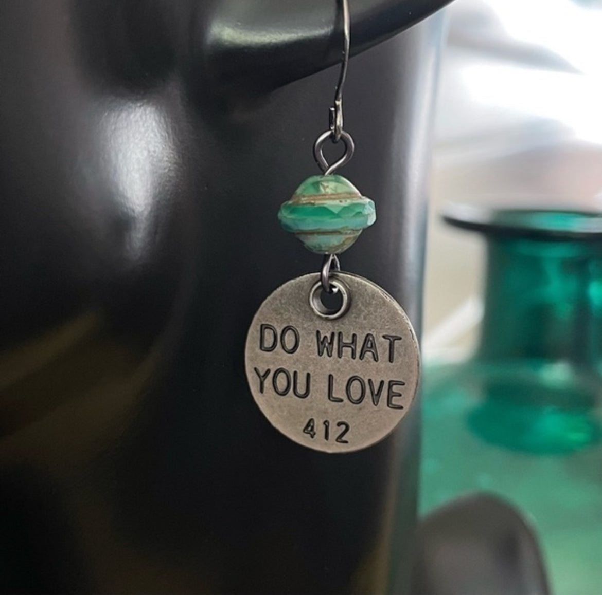 Handmade Mixed Stamped Metal Charm & Glass Bead Earrings Asymmetric Curious Love Inspiration Motivation Positive