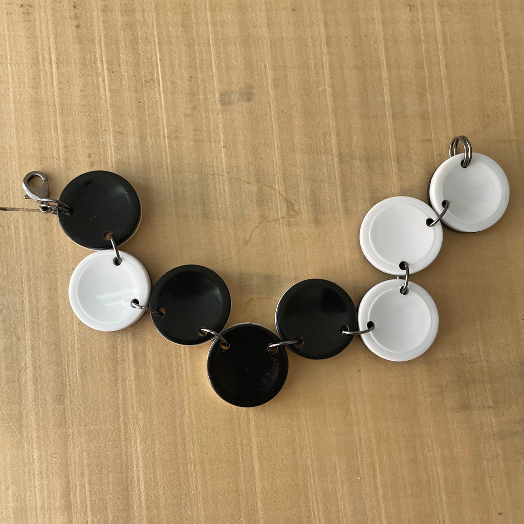 Black & White Game Piece Bracelet 8.5” Geometric Dual Tone Handmade Repurposed Upcycled Unconventional