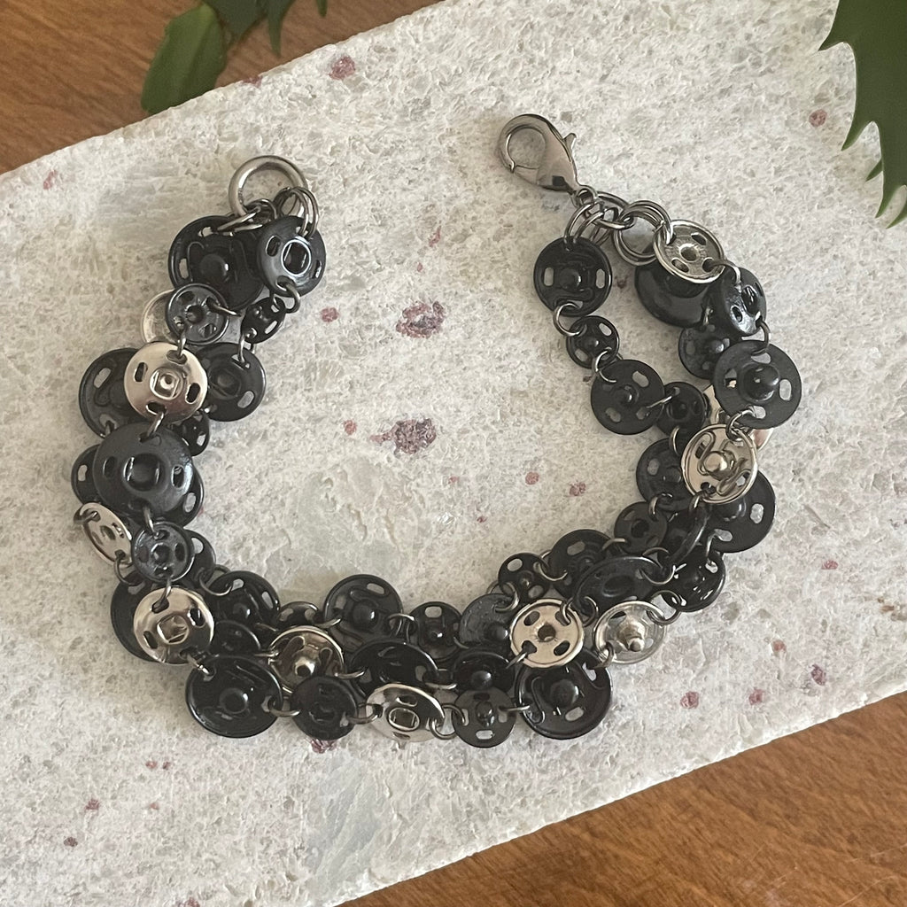 Tri-layer Snap Bracelet Black Silver Casual Upcycled Women's Jewelry Fun Hand Crafted Gift Idea Crafters Maximalist Lightweight