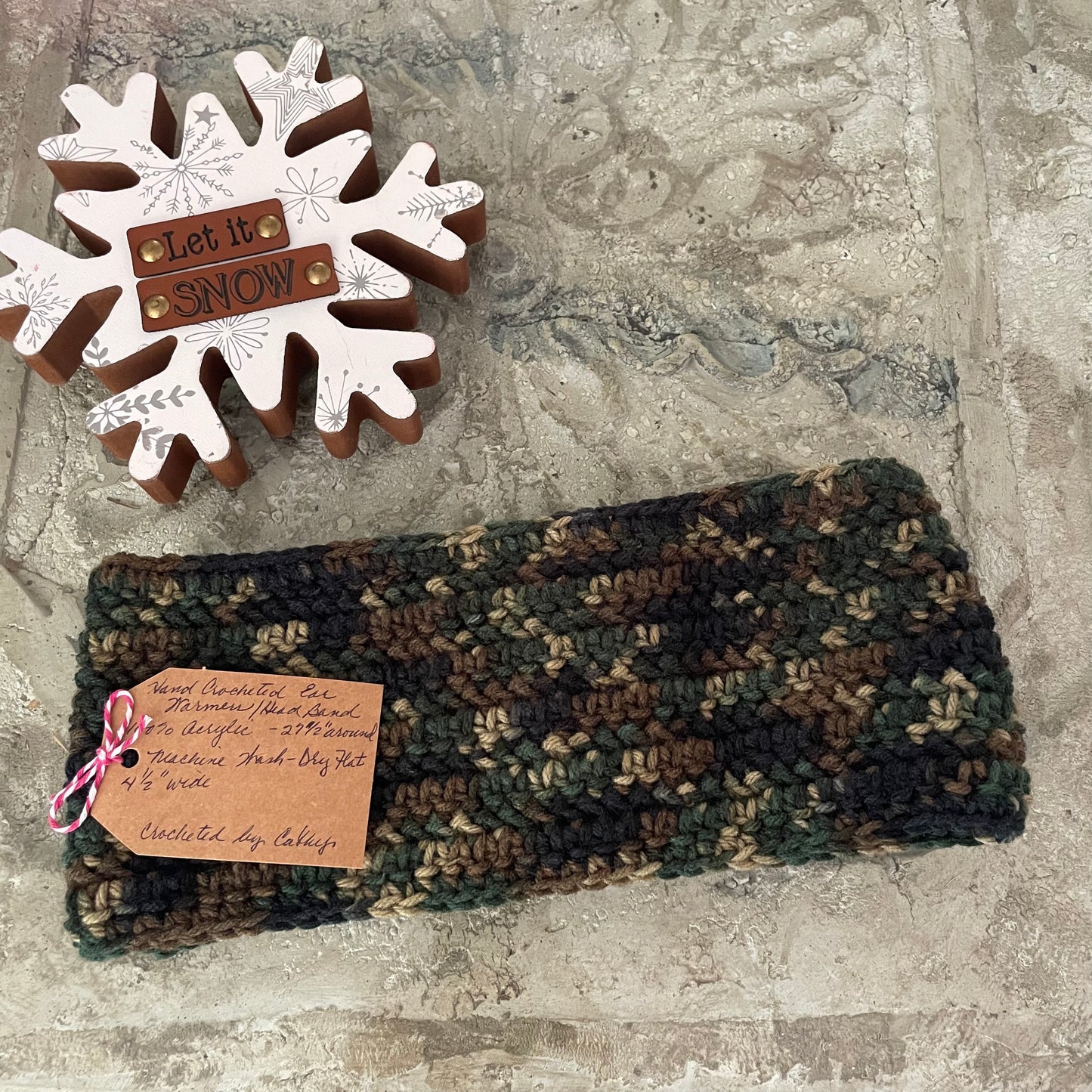 Extra Wide Camouflage Ear Warmer Wood Button Accent 27.5" Fall Winter Outdoor Headband Hand Crocheted Knit