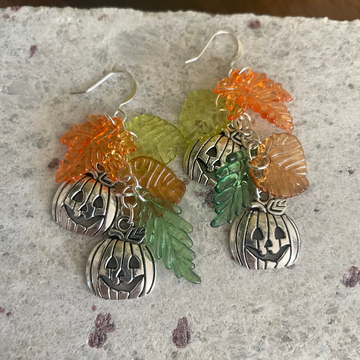 Colorful Fall Leaf & Smiling Pumpkin Charm Earrings Everyday Casual Women's Jewelry Halloween Autumn Jack o' Lantern
