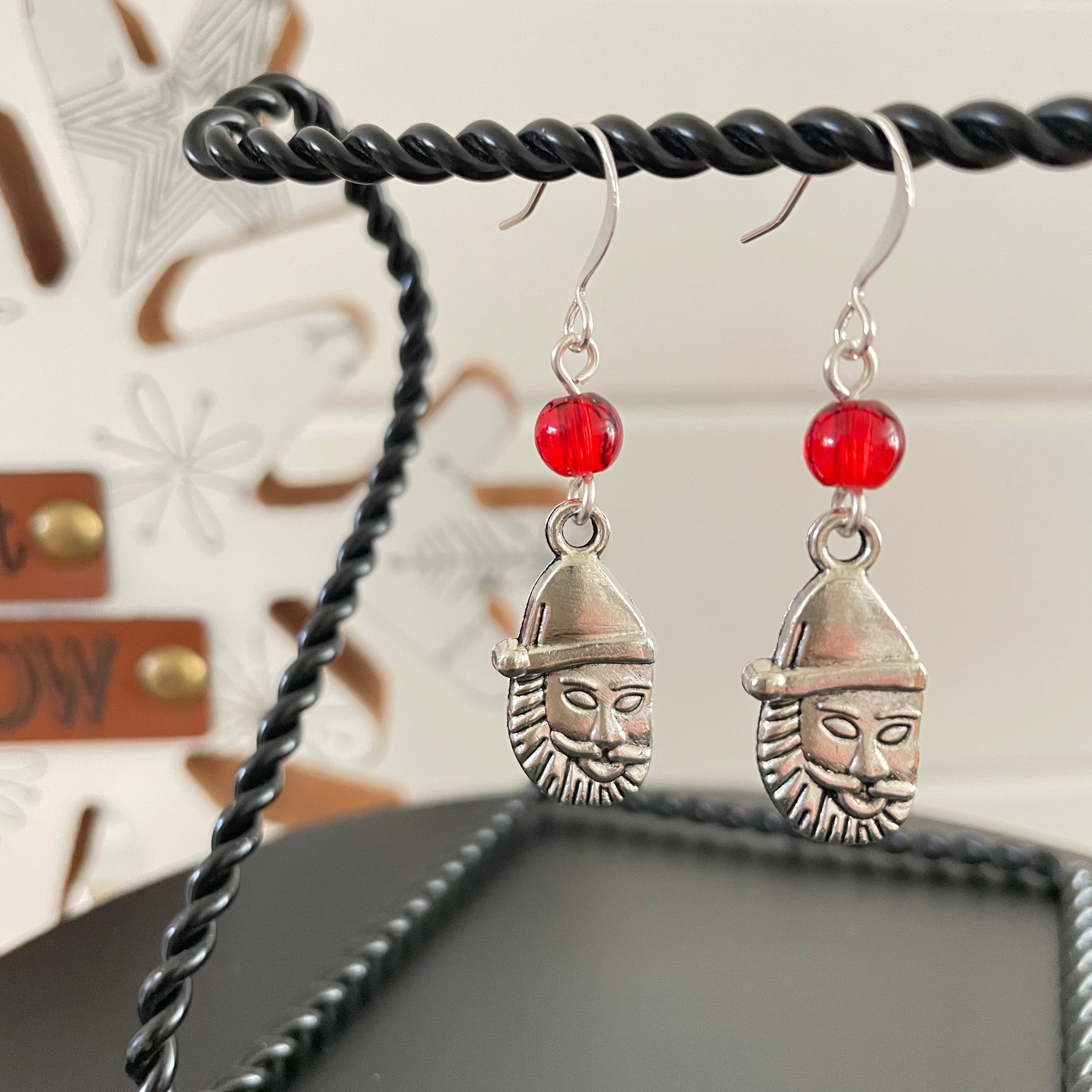 Santa Metal Charm & Round Red Glass Bead Earrings 1.75" Stocking Gift Idea Holiday Party Casual Daily