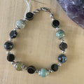 Handmade Petrified Wood & Ceramic Bead Bracelet Marbled Blue Green Brown Black Cream Textured Unisex Gift