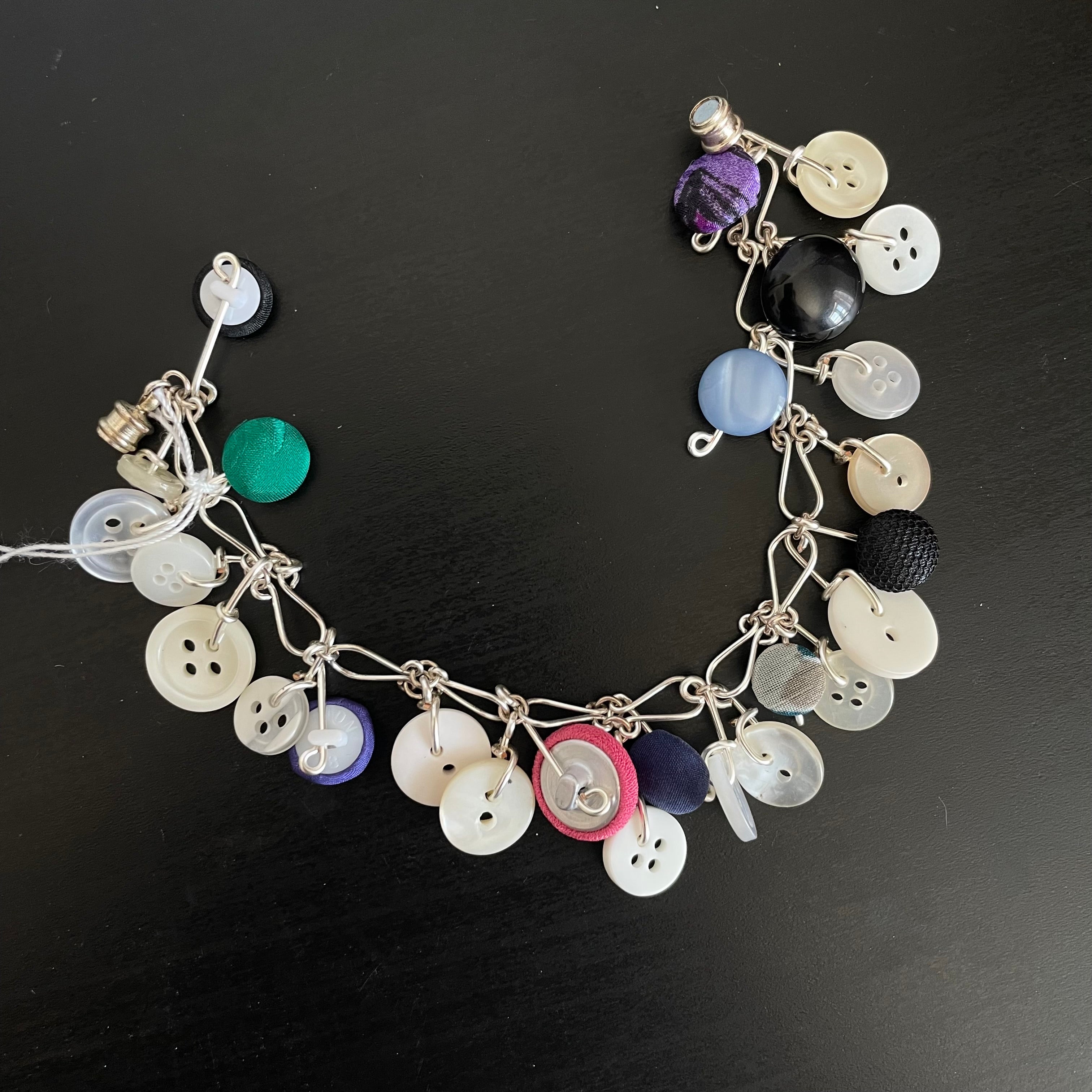 Vintage Button Dangle Bracelet 7.5” Handmade Link Women's Multicolor Chunky Jewelry Gift Repurposed Upcycled