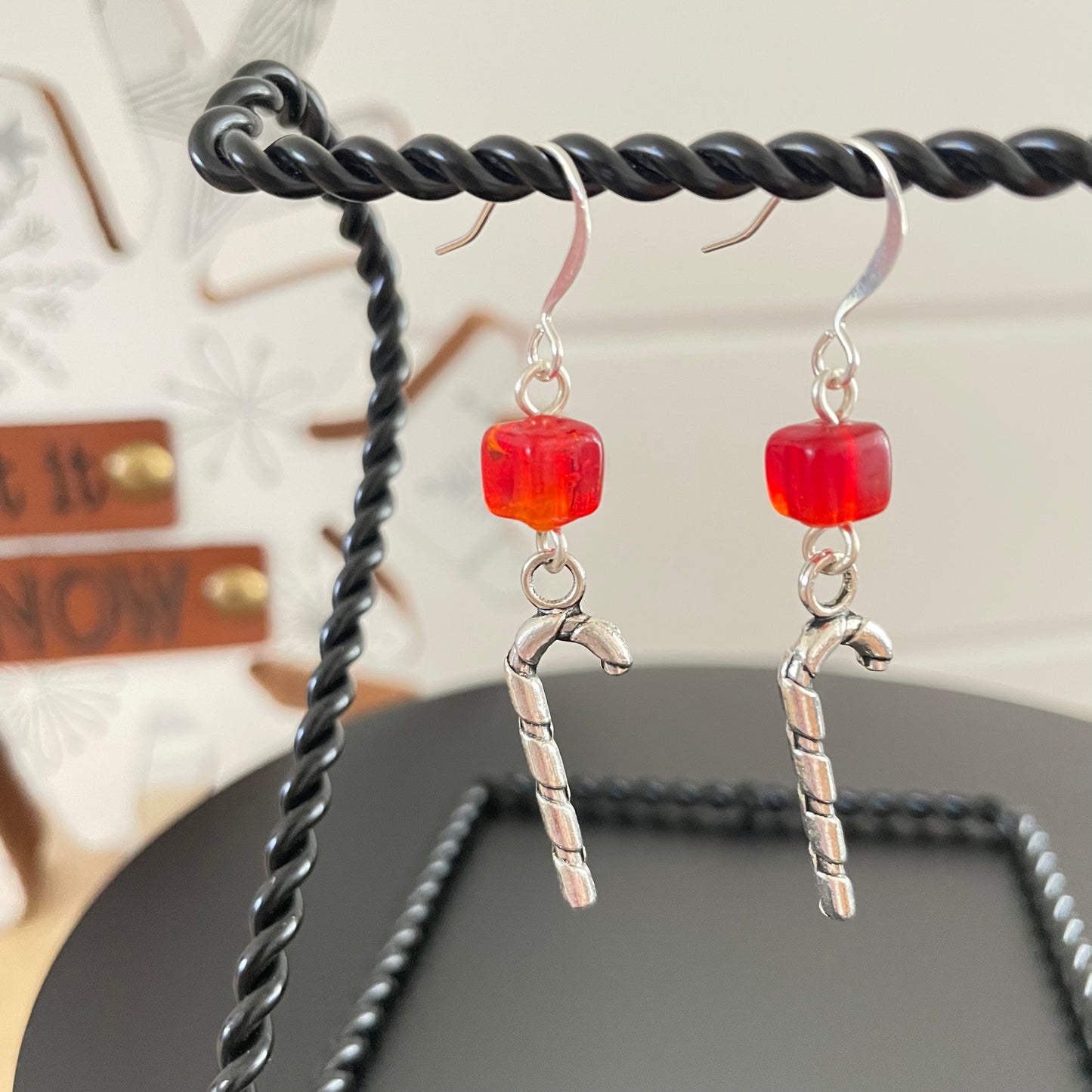 Candy Cane Charm & Square Red Glass Bead Earrings 2" Holiday Minimalist Christmas Stocking Filler Stuffer Gift