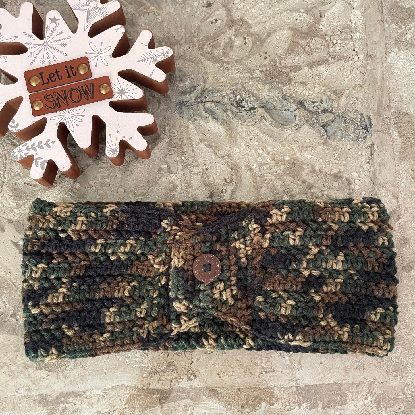 Extra Wide Camouflage Ear Warmer Wood Button Accent 27.5" Fall Winter Outdoor Headband Hand Crocheted Knit