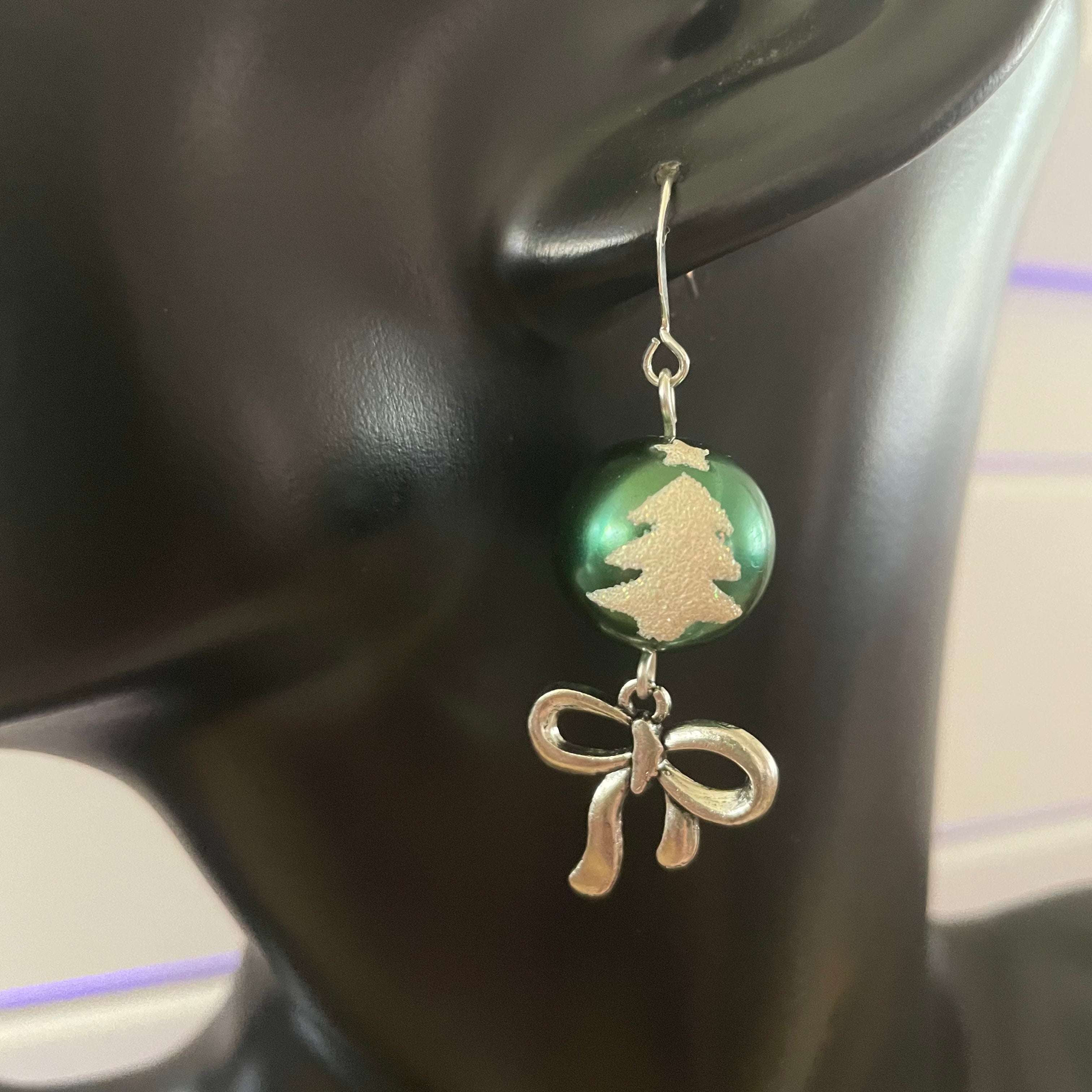 Green & Snowy Sparkle Christmas Tree Ball Ornament & Bow Earrings 2" Mixed Metal Holiday Playful Winter