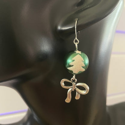 Green & Snowy Sparkle Christmas Tree Ball Ornament & Bow Earrings 2" Mixed Metal Holiday Playful Winter