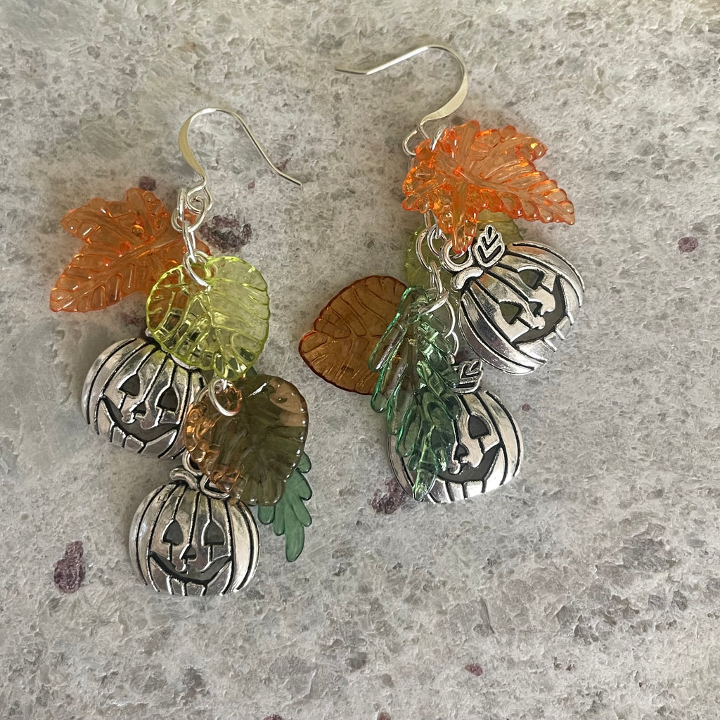 Colorful Fall Leaf & Smiling Pumpkin Charm Earrings Everyday Casual Women's Jewelry Halloween Autumn Jack o' Lantern