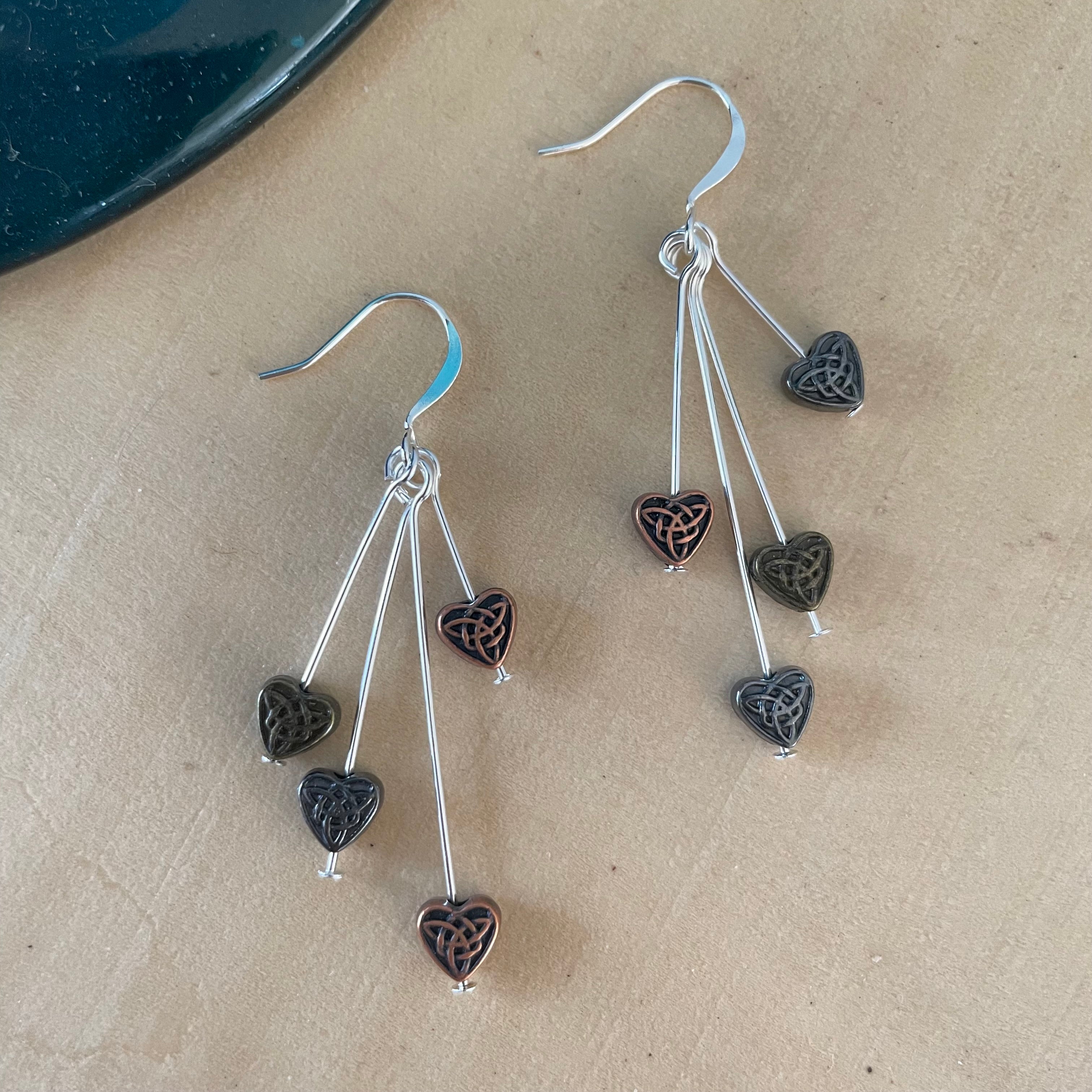 Handmade Dangling Mini Heart Mixed Metal Earrings 2.12" Celtic Knot Brass Copper Silver Plate Gunmetal Casual