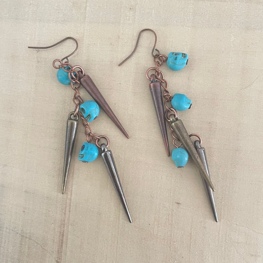 Skull Spike Dangle Earrings Mixed Metal 3.75” Turquoise Blue Magnesite Halloween Cosplay Costume Copper Goth