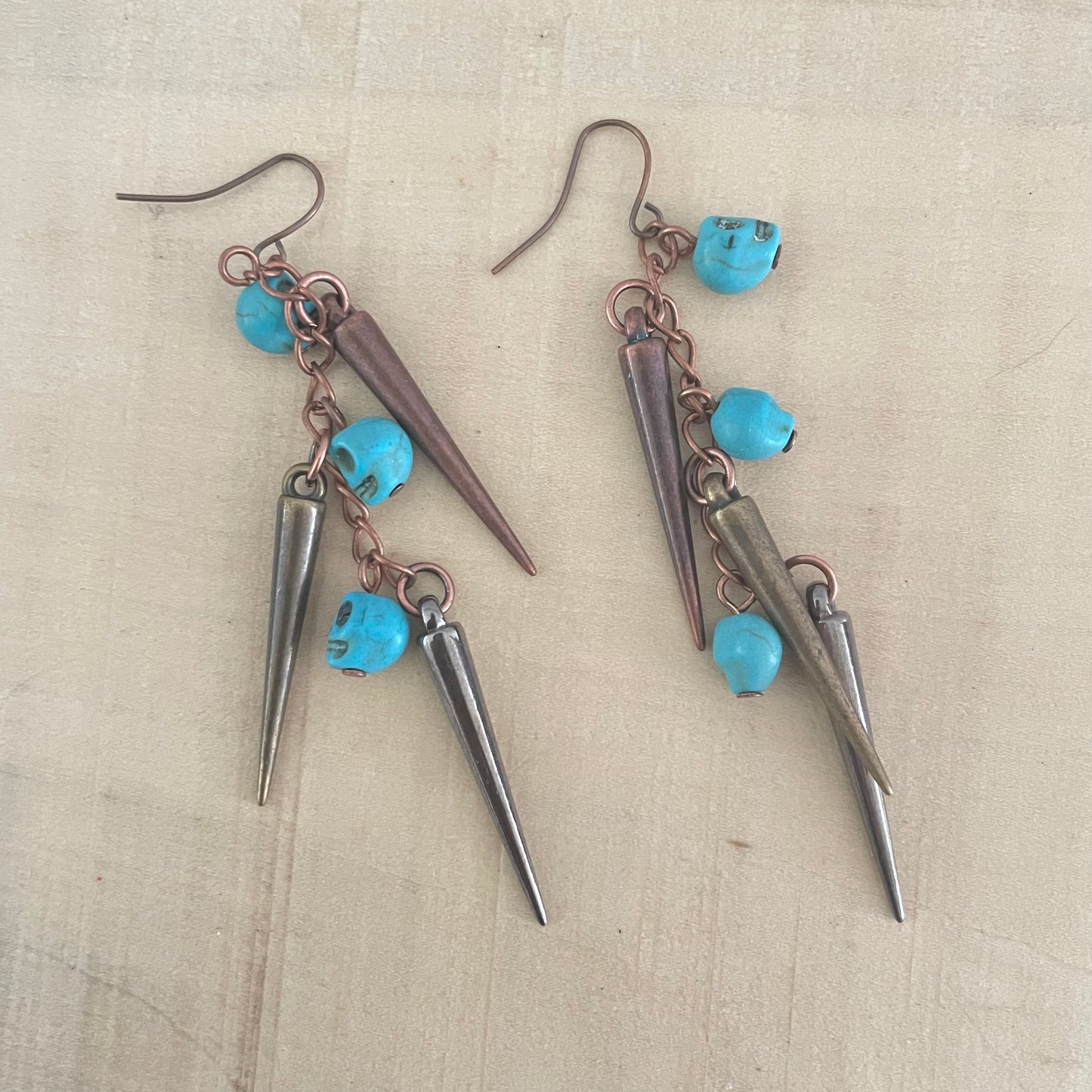 Skull Spike Dangle Earrings Mixed Metal 3.75” Turquoise Blue Magnesite Halloween Cosplay Costume Copper Goth Women Gift Fashion Handmade Jewelry