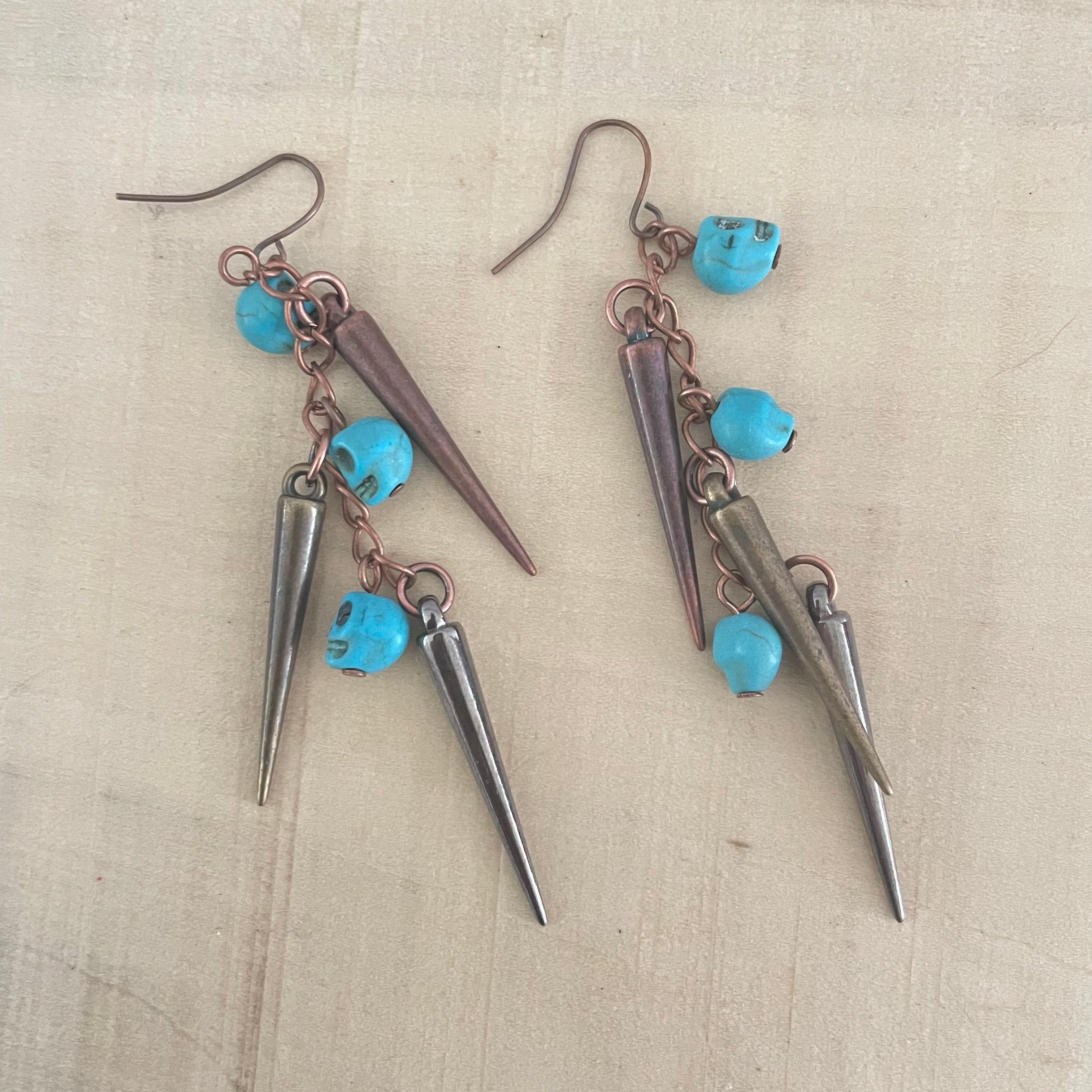 Skull Spike Dangle Earrings Mixed Metal 3.75” Turquoise Blue Magnesite Halloween Cosplay Costume Copper Goth Women Gift Fashion Handmade Jewelry
