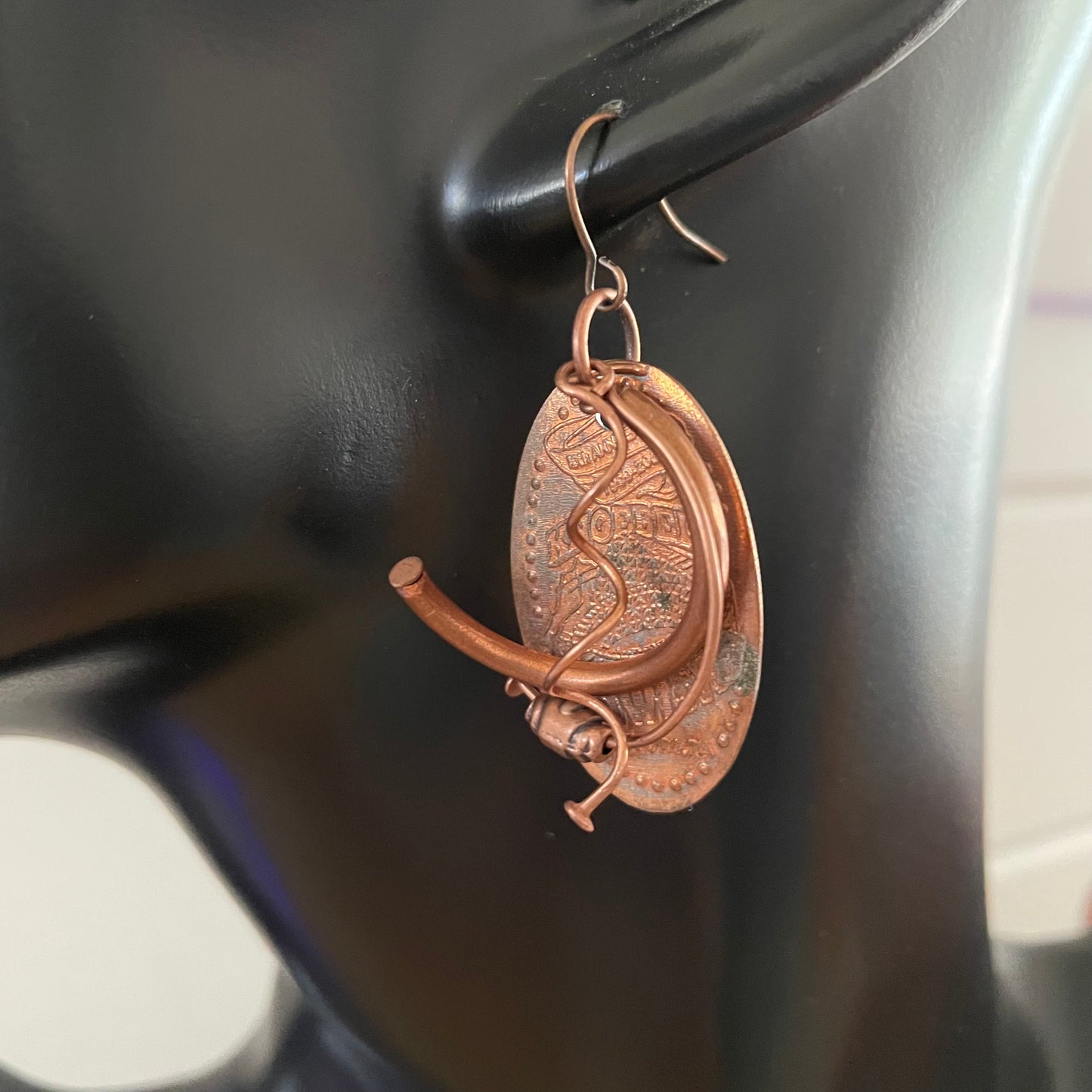 Flattened Penny & Copper Swirl Earrings 2" Handmade Statement Playful Casual Hand Turned Metal Wire