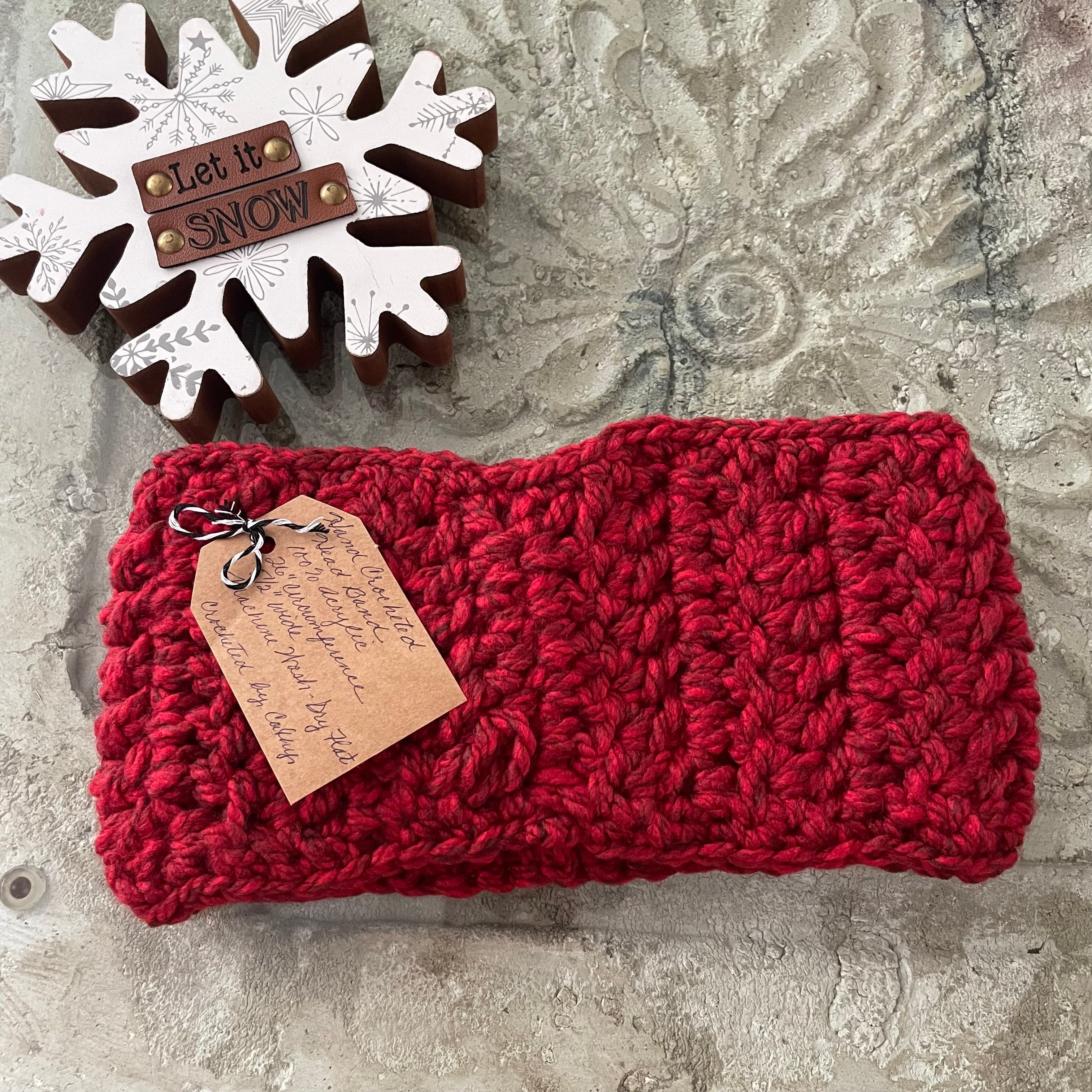 Extra Warm Marbled Red Wine Hand Crocheted Ear Warmers Wide Band 26" Headband Fall Winter Maroon Outdoor