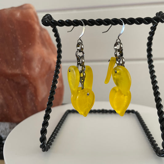 Frosted Sunshine Yellow Glass Leaf & Chunky Gunmetal Chain Earrings 2.25" Textured Bright Colorful