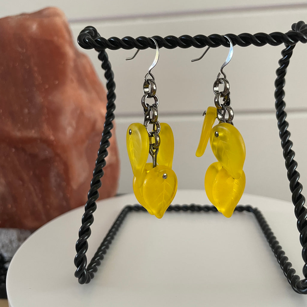 Frosted Sunshine Yellow Glass Leaf & Chunky Gunmetal Chain Earrings 2.25" Textured Bright Colorful Women Gift Everyday Fashion Handmade Jewelry