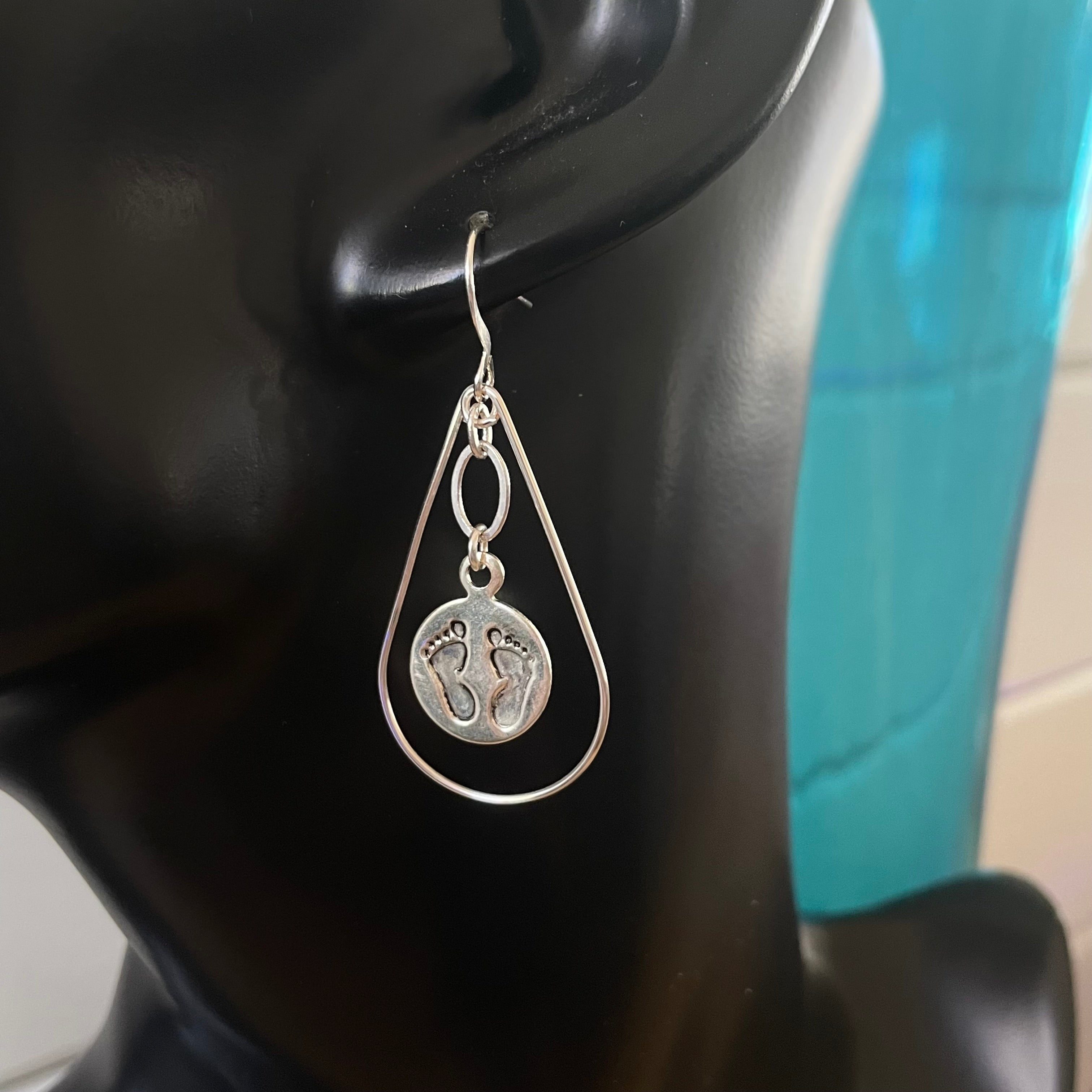 Handmade Stamped Baby Footprint Earrings Dangling Teardrop Hoops New Mom Gift Baby Shower Minimalist Casual Daily Wear Lightweight