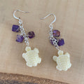 Purple Marble Imperial Jasper Squares & Cream Acrylic Turtle Dangle Earrings Handmade Ocean Sea Life Multicolor