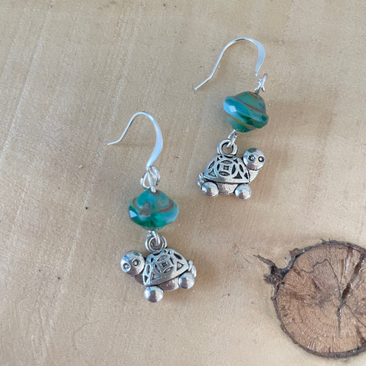 Handmade Turtle Charm Earrings 1.38" Faceted Swirled Blue Green Glass Bead Casual Minimalist Pop of Color Daily Ocean Sea