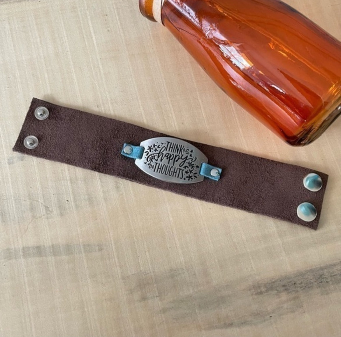 Handmade “Think Happy Thoughts” Soft Brown Suede & Blue Leather Cuff Bracelet Mixed Metal Dual Snap Inspiration Positive Motivational Men Women