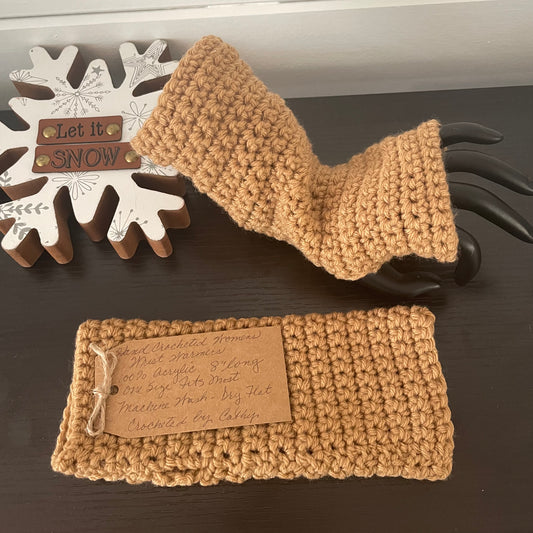 Brown Sugar Fingerless Gloves Crochet Knit Fall Winter Hiking Walking Wrist Warmers Outdoor Camping Gaming Tan Beige