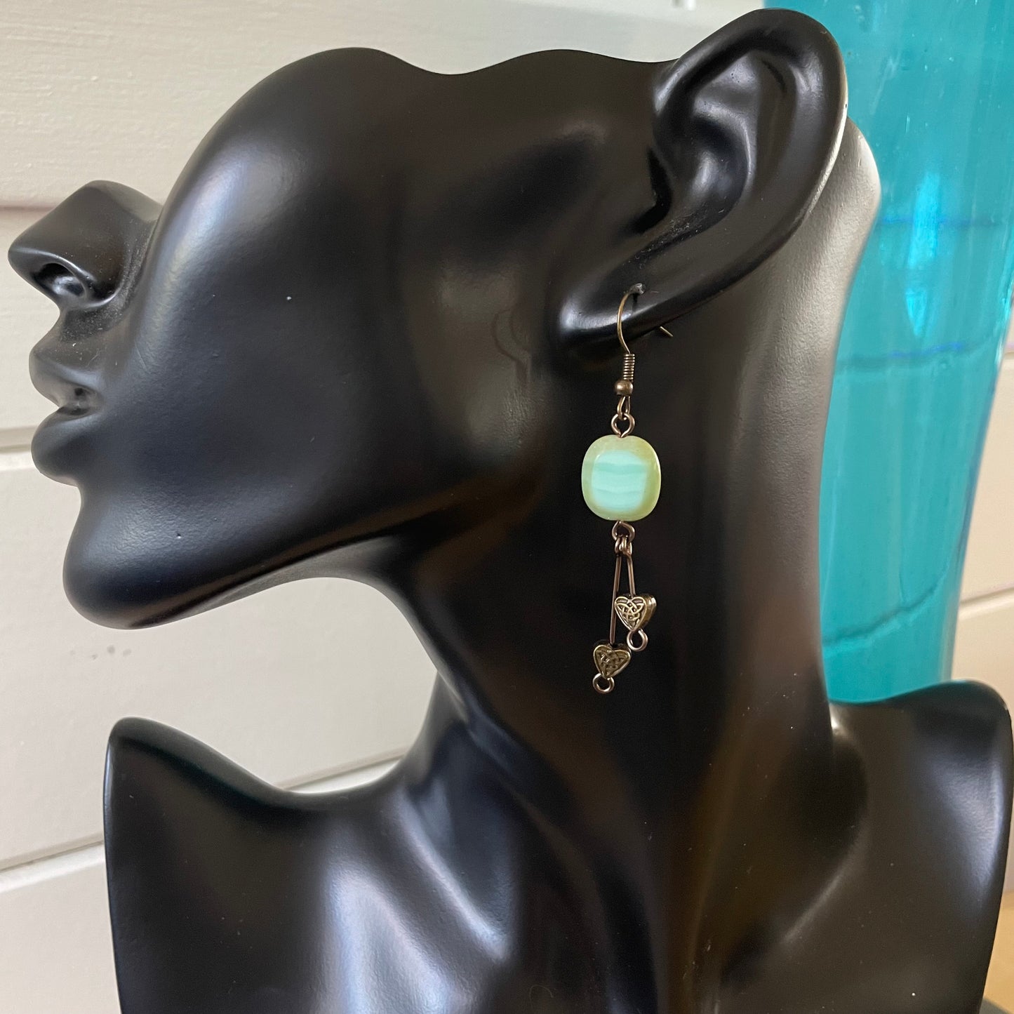 Dangling Brass Celtic Knot & Heart Earrings 2.5" Swirled Pastel Green Blue Glass Metal