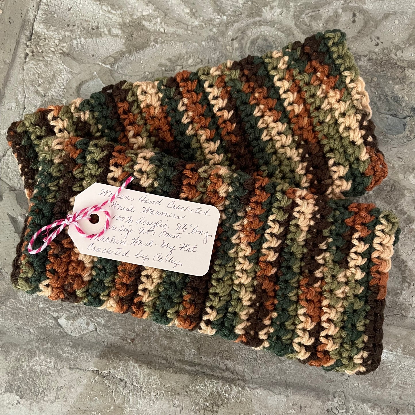 Extra Warm Brown & Green Camouflage Texting Fingerless Gloves Crochet Knit Fall Winter Gaming Tech Wrist Warmers