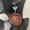 Oversize Laser Cut Wood Sunflower & Blue Ceramic Bird Earrings 4" Handmade Lightweight Nature Dark Brown Women Gift Idea