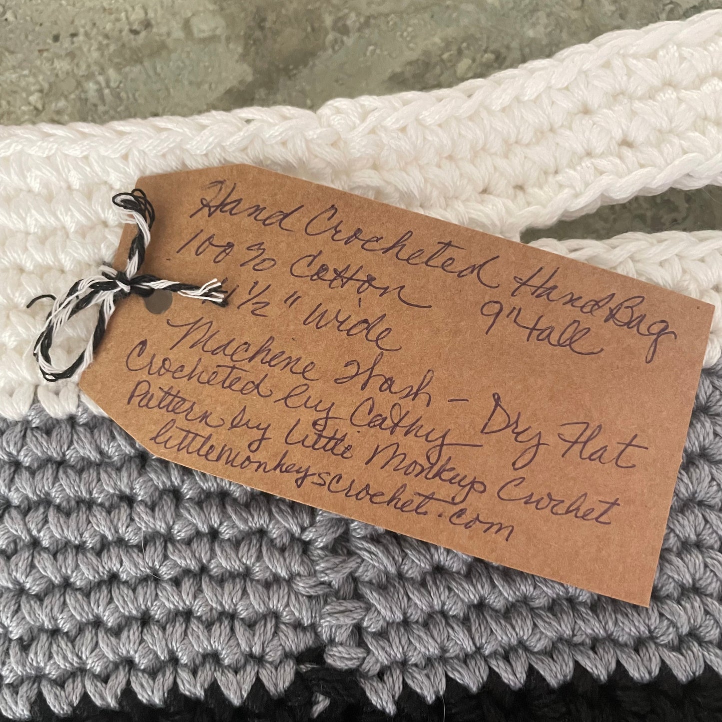 Colorblock Hand Crocheted Handled Purse Medium Knit Handbag Boho Minimalist Chic Cottagecore Black White Gray 100% Cotton