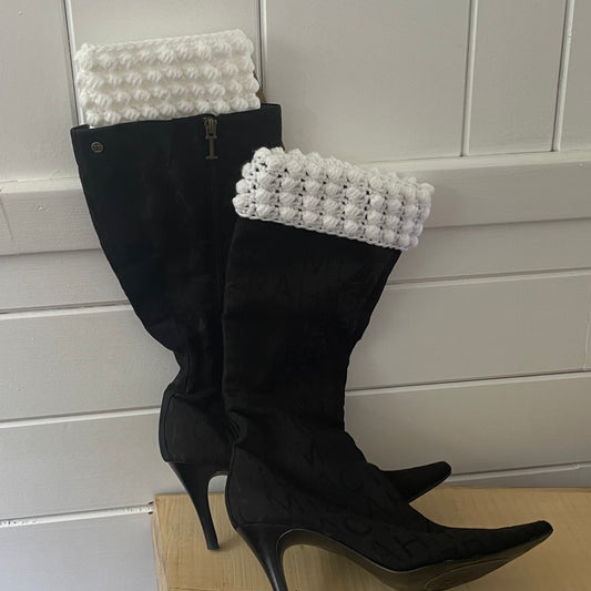 Boot Cuffs in Snow White Puff Stitch 12" Hand Crocheted Knit Fall Winter Hiking Indoor Outdoor Cozy Leg Warmers
