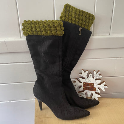 Boot Cuffs in Olive Green Puff Stitch 12" Hand Crocheted Knit Fall Winter Hiking Indoor Outdoor Cozy Women Handmade Gift